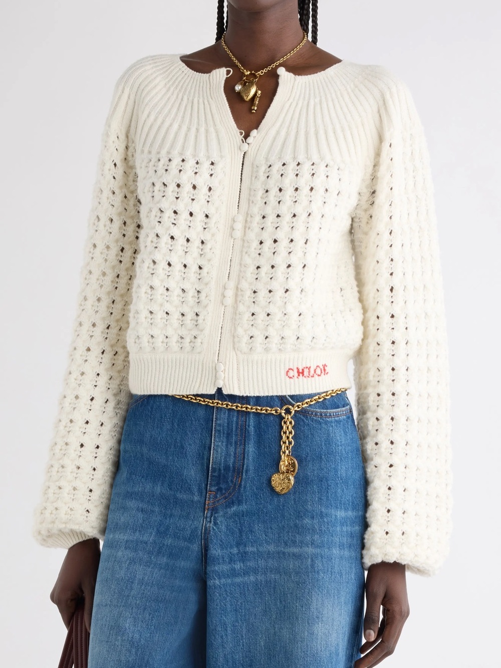 Chloe balloon sleeve pointelle knit wool cashmere blend cardigan in iconic milk